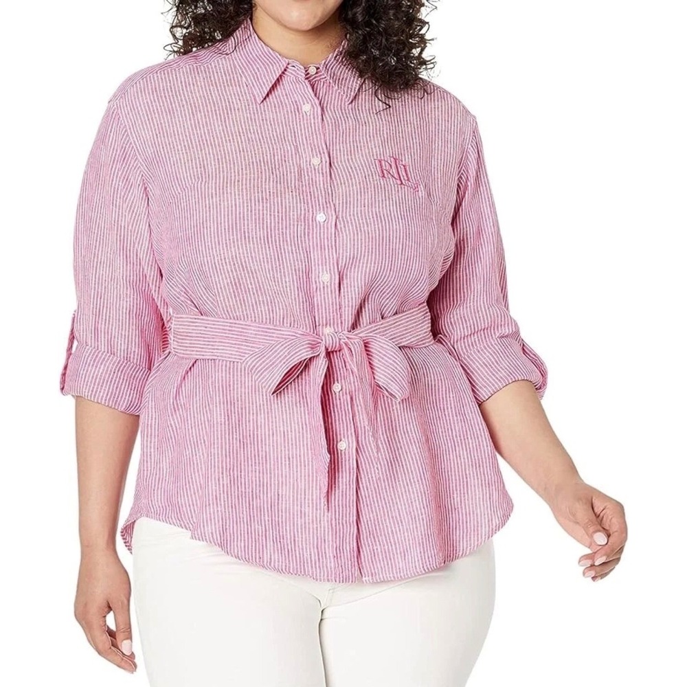 Lauren Ralph Lauren Women Red/Pink White Striped Button Shirt‎ Tie 100% Linen S